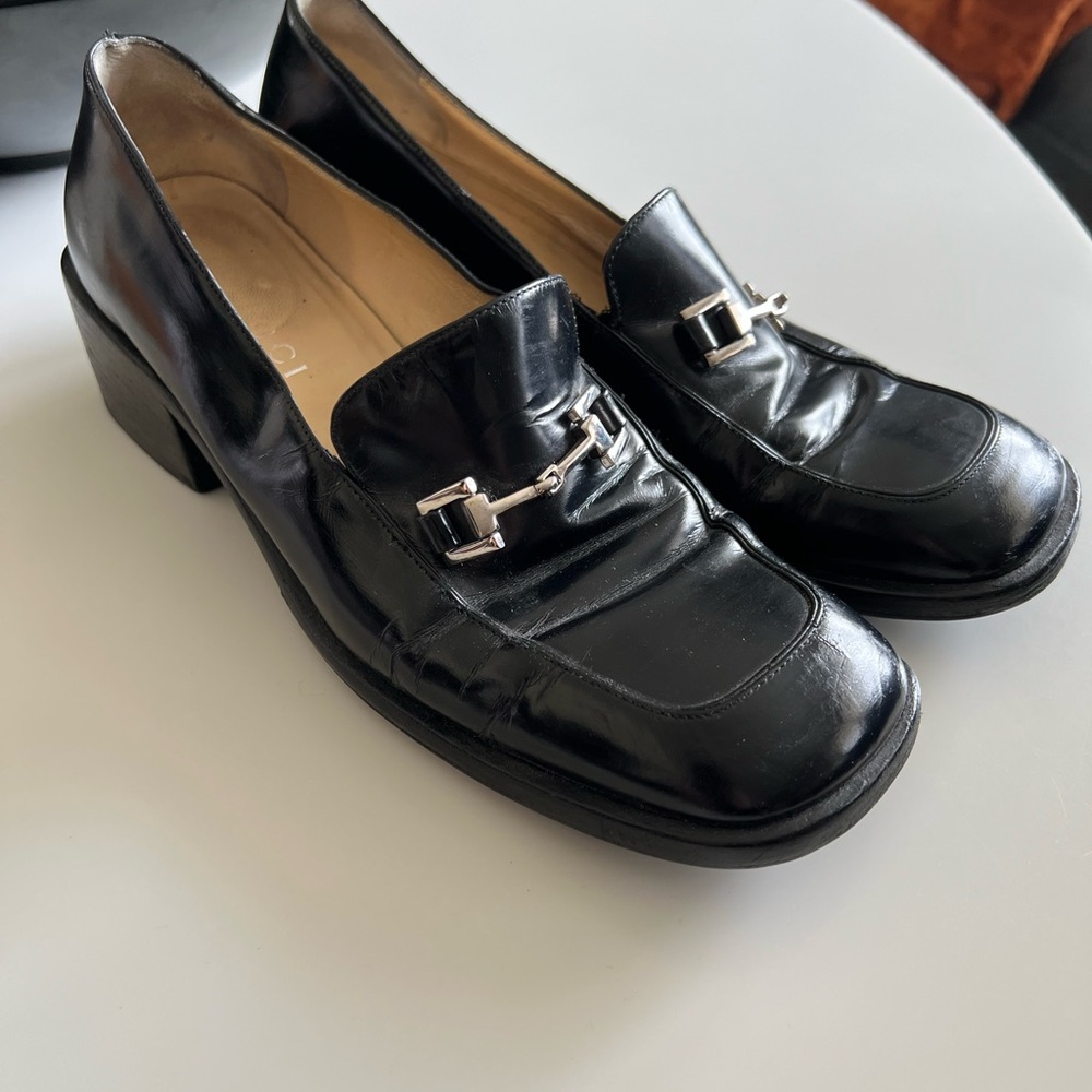 Gucci Vintage Black Womens square toe block wood heel loafers 7 1/2B